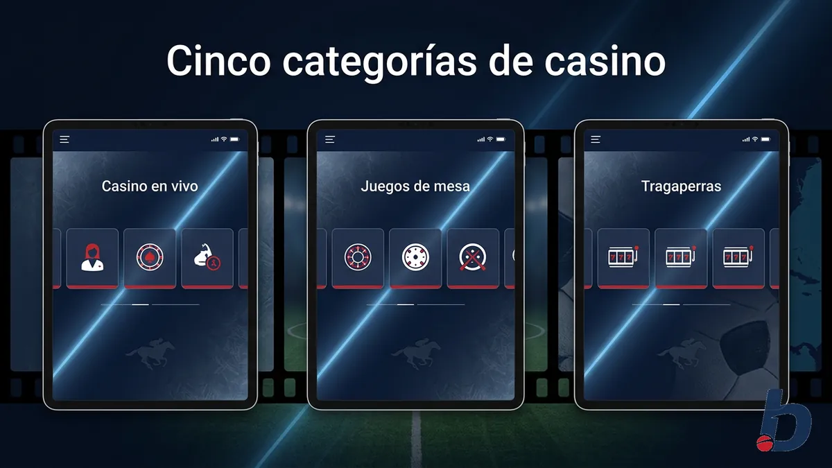 Las cinco categorías de casino de Betcris en Honduras: Casino en vivo, Table games y Slots en secuencia de pantallas